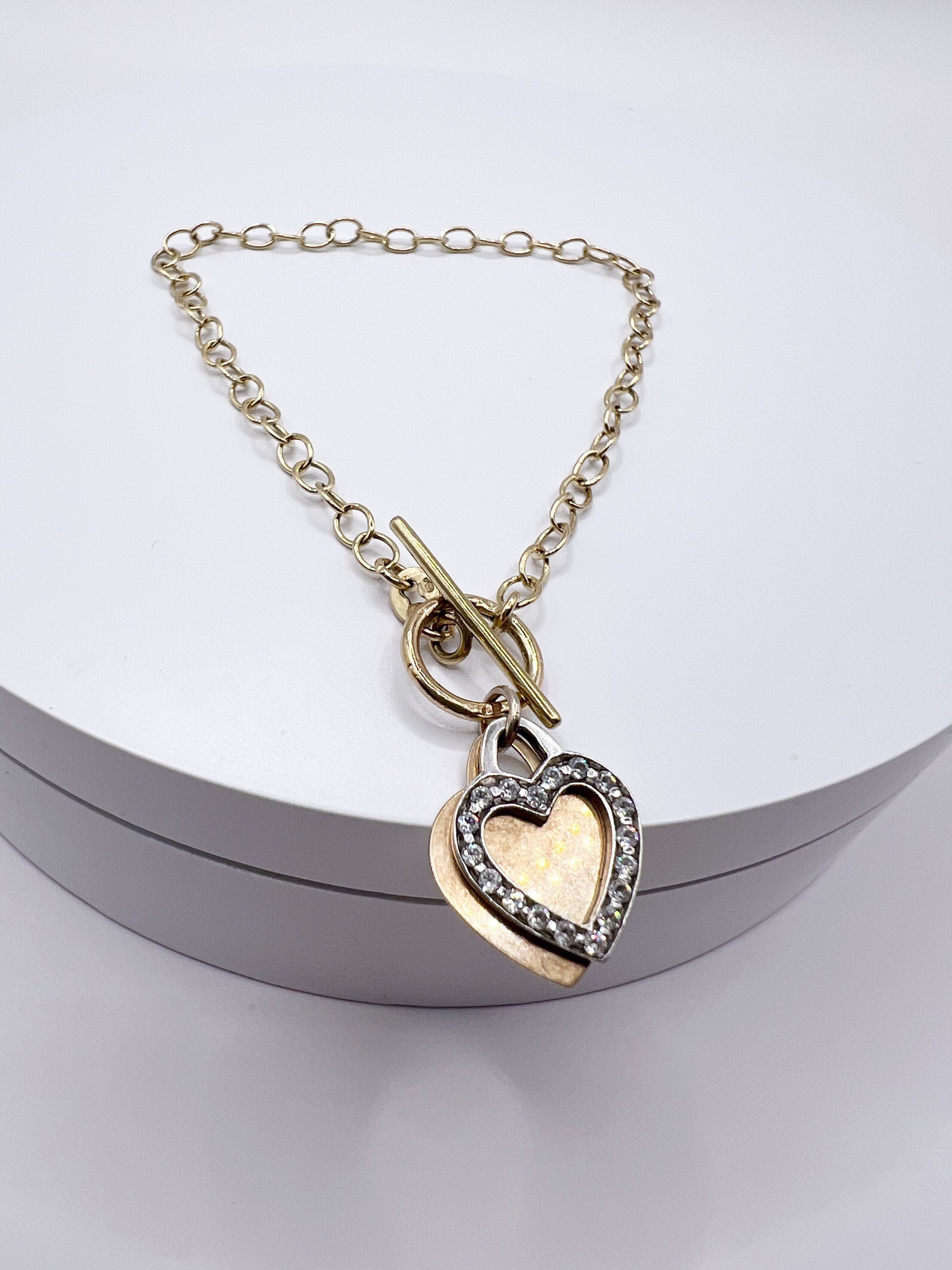 9ct Toggle T Bar Belcher Bracelet with CZ and Plain Gold Heart Pendant