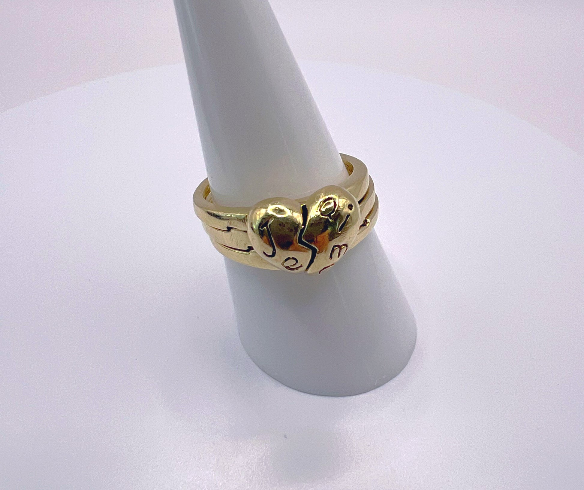 9ct Gold Puzzle Ring "Je T'aime" French "I Love You" Heart
