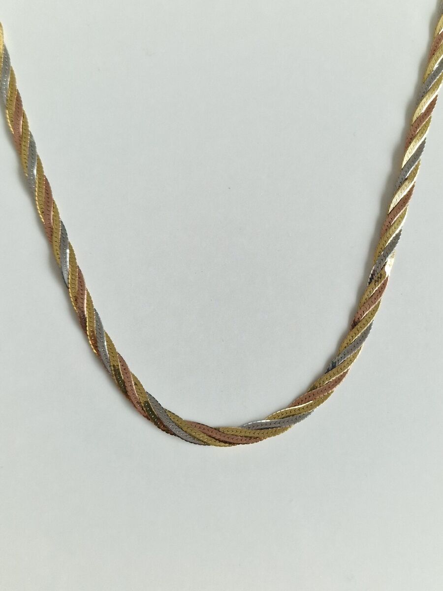 9ct Tri-Colour Woven Necklace - Yellow, White & Rose Gold - 17.7" - 10g