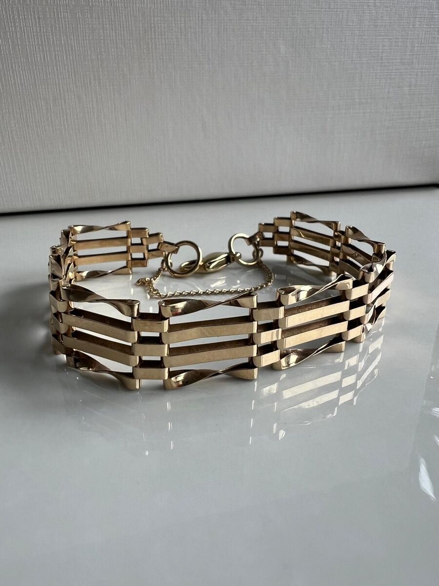 9ct Gold Four Bar Gate Bracelet With Safety Chain - 7.48" - 10.10g