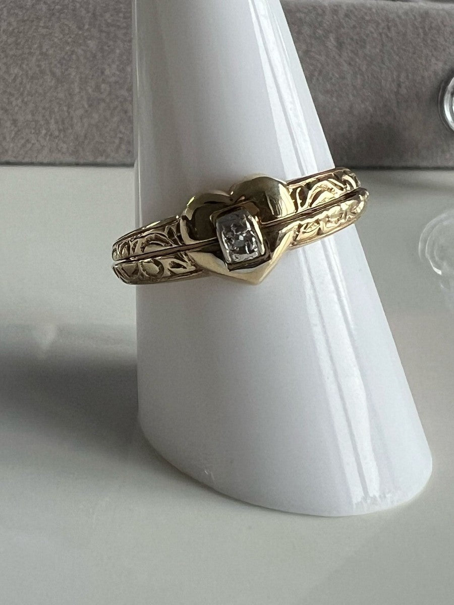 Vintage 9ct Gold Split Band Heart Diamond Ring - Hidden 'I Love You' - Size R - 3.45g