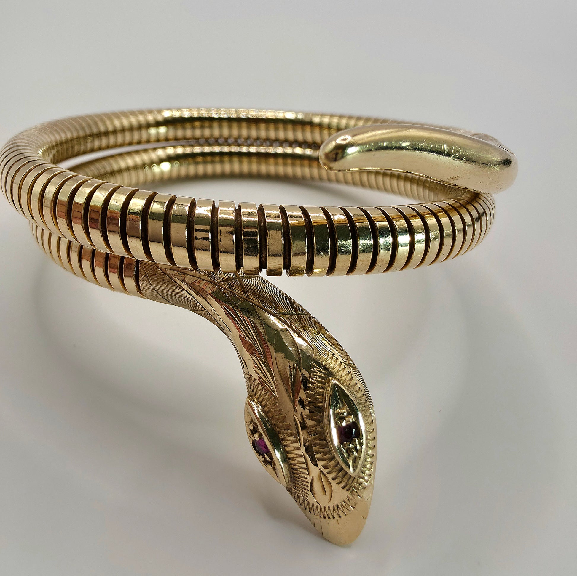 VINTAGE  9CT FLEXIBLE SNAKE BANGLE RUBY EYES HALLMARKED 1970 HEAVY 36.84g