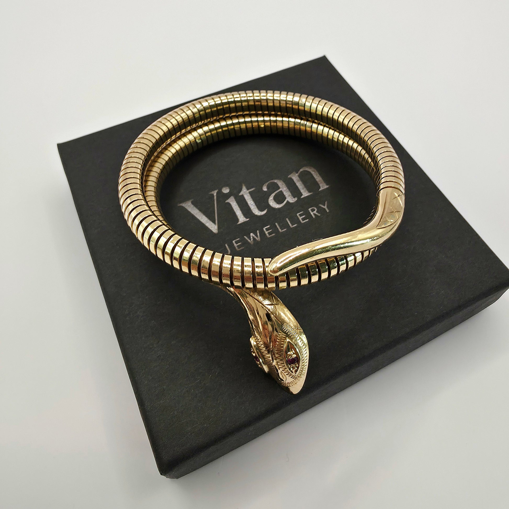 VINTAGE  9CT FLEXIBLE SNAKE BANGLE RUBY EYES HALLMARKED 1970 HEAVY 36.84g