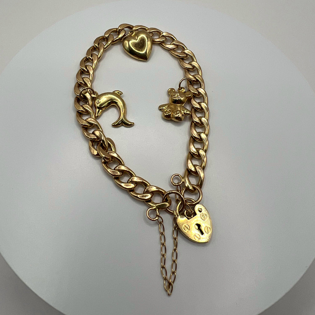 9ct Gold Charm Bracelet – 7.28" - Curb Chain Padlock Clasp & Safety Chain