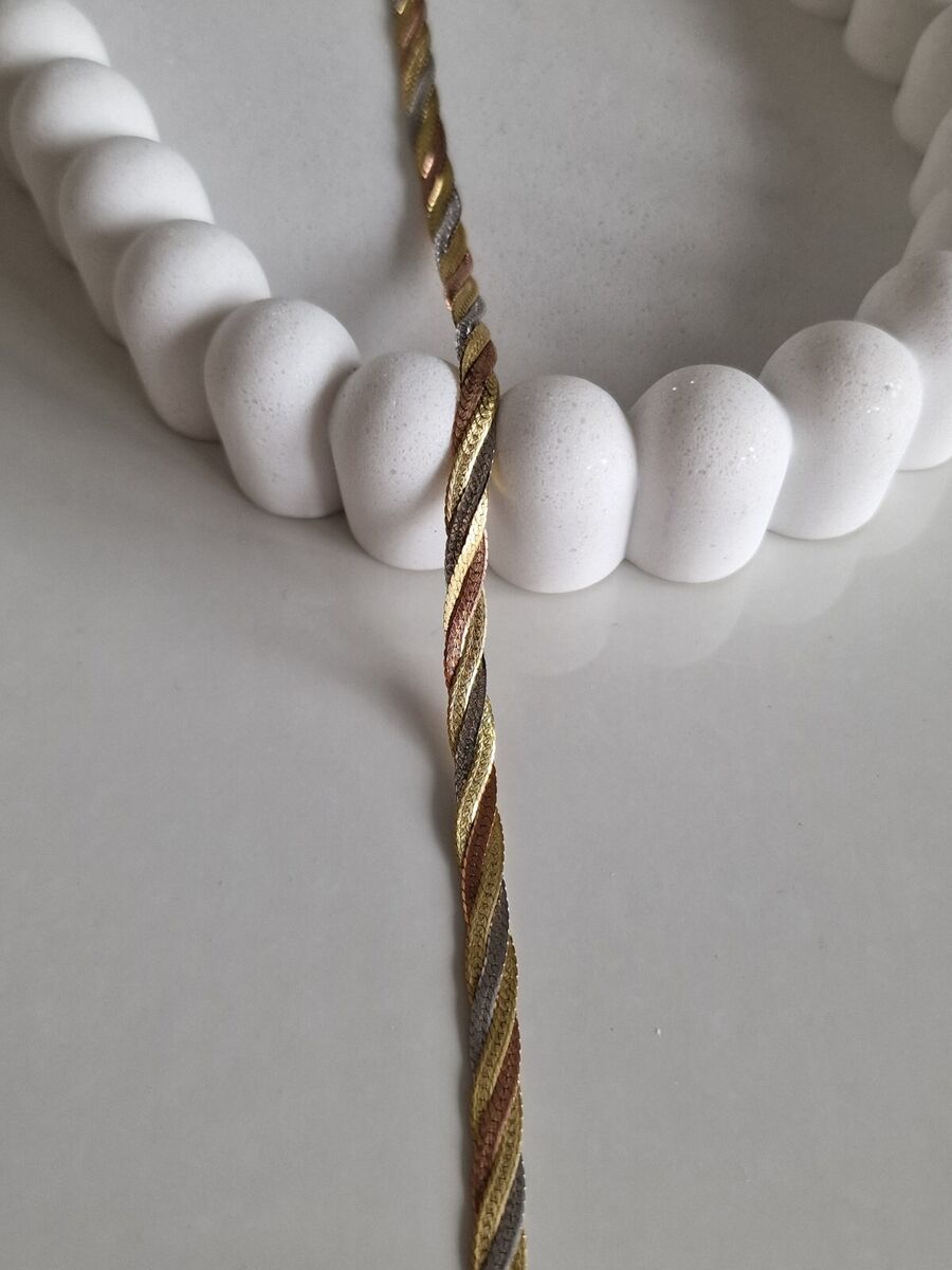 9ct Tri-Colour Woven Necklace - Yellow, White & Rose Gold - 17.7" - 10g