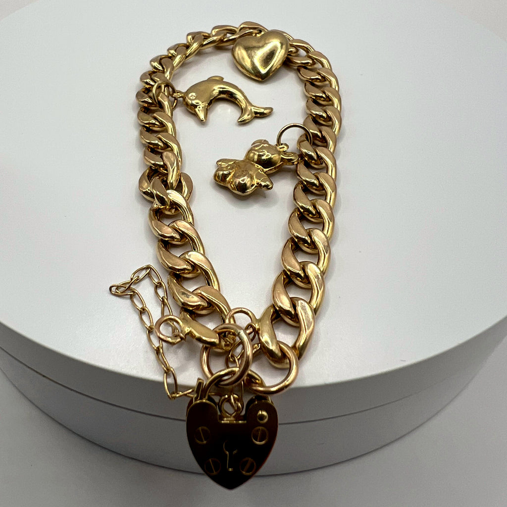9ct Gold Charm Bracelet – 7.28" - Curb Chain Padlock Clasp & Safety Chain