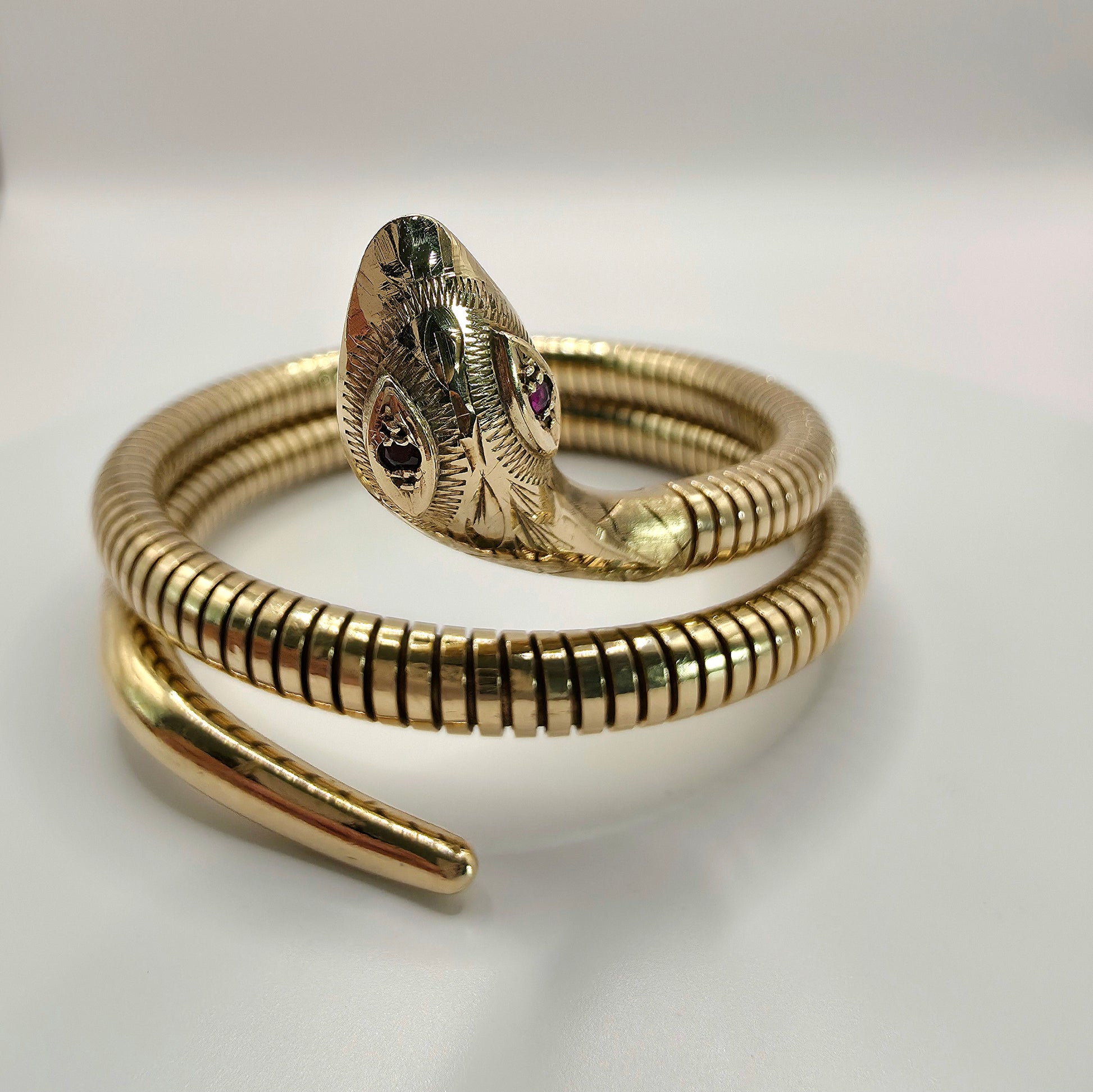 VINTAGE  9CT FLEXIBLE SNAKE BANGLE RUBY EYES HALLMARKED 1970 HEAVY 36.84g