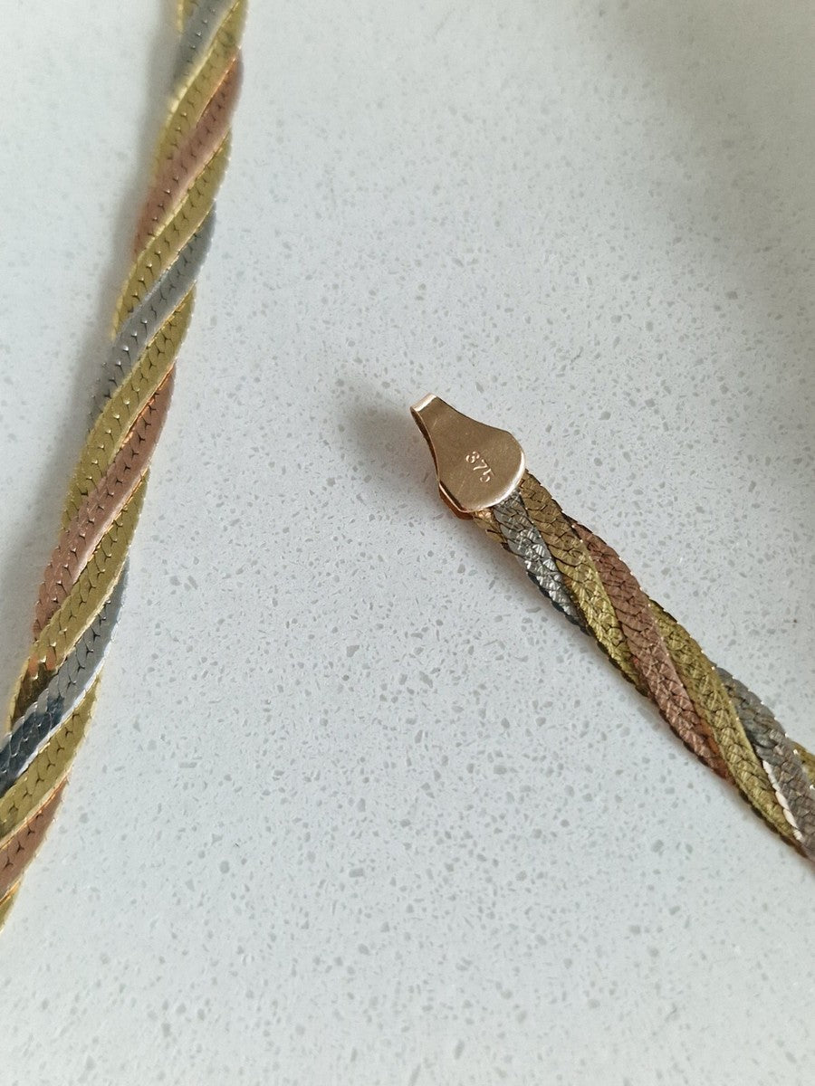9ct Tri-Colour Woven Necklace - Yellow, White & Rose Gold - 17.7" - 10g
