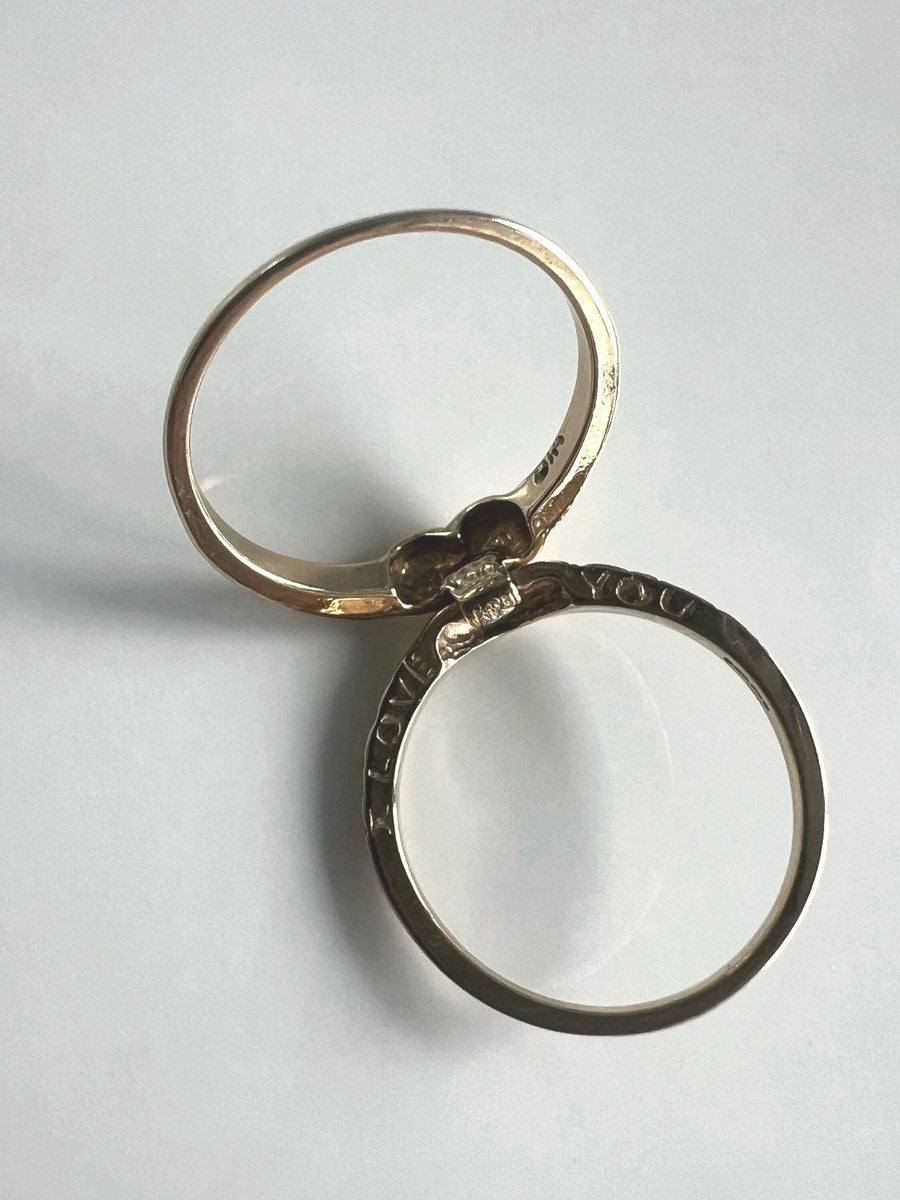 Vintage 9ct Gold Split Band Heart Diamond Ring - Hidden 'I Love You' - Size R - 3.45g