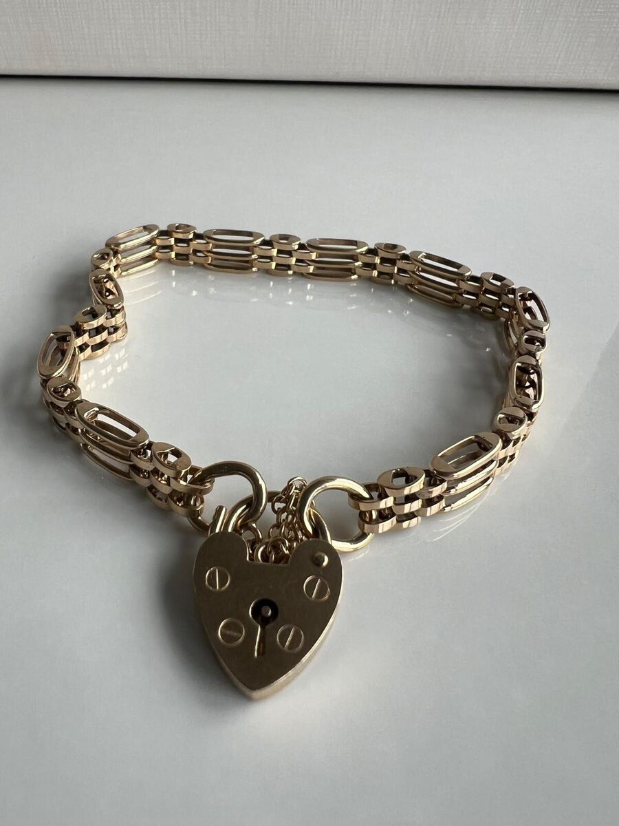 9ct Gold Gate Link Bracelet with Heart Clasp & Safety Chain - 7" - 12.10g